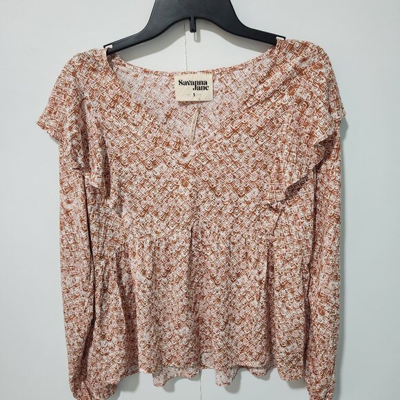 Savanna Jane NEW Long Sleeve V-Neck Orange/ White/ Pink Ruffle Blouse Top-Small - Picture 1 of 7